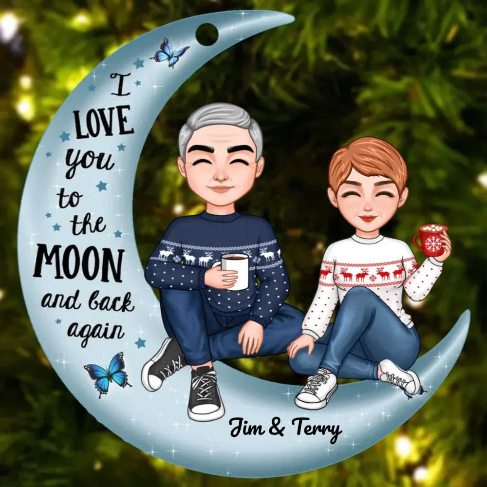 Couples Gifts - Gift For Husband and Wife - Christmas Doll Couple Sitting On Moon Personalized Ornament - Image 2