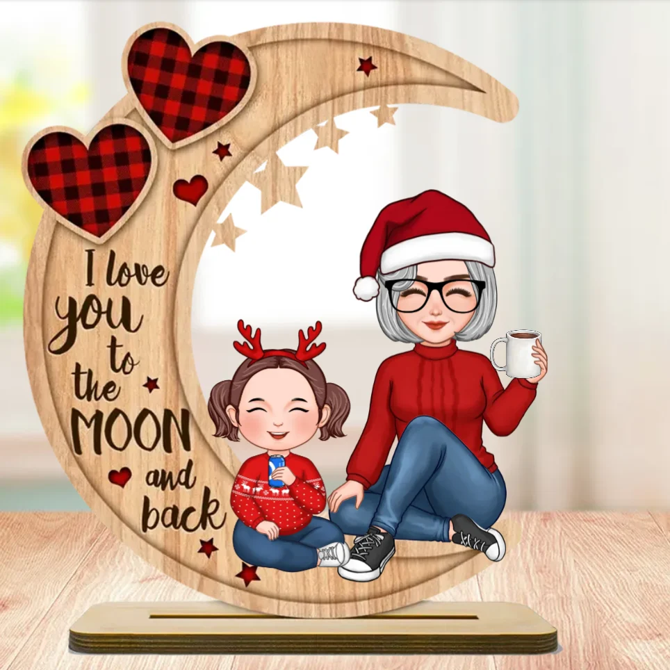 Grandma & Grandkid Sitting On Heart Pattern Moon - Personalized Ornament Or Plaque - Image 5