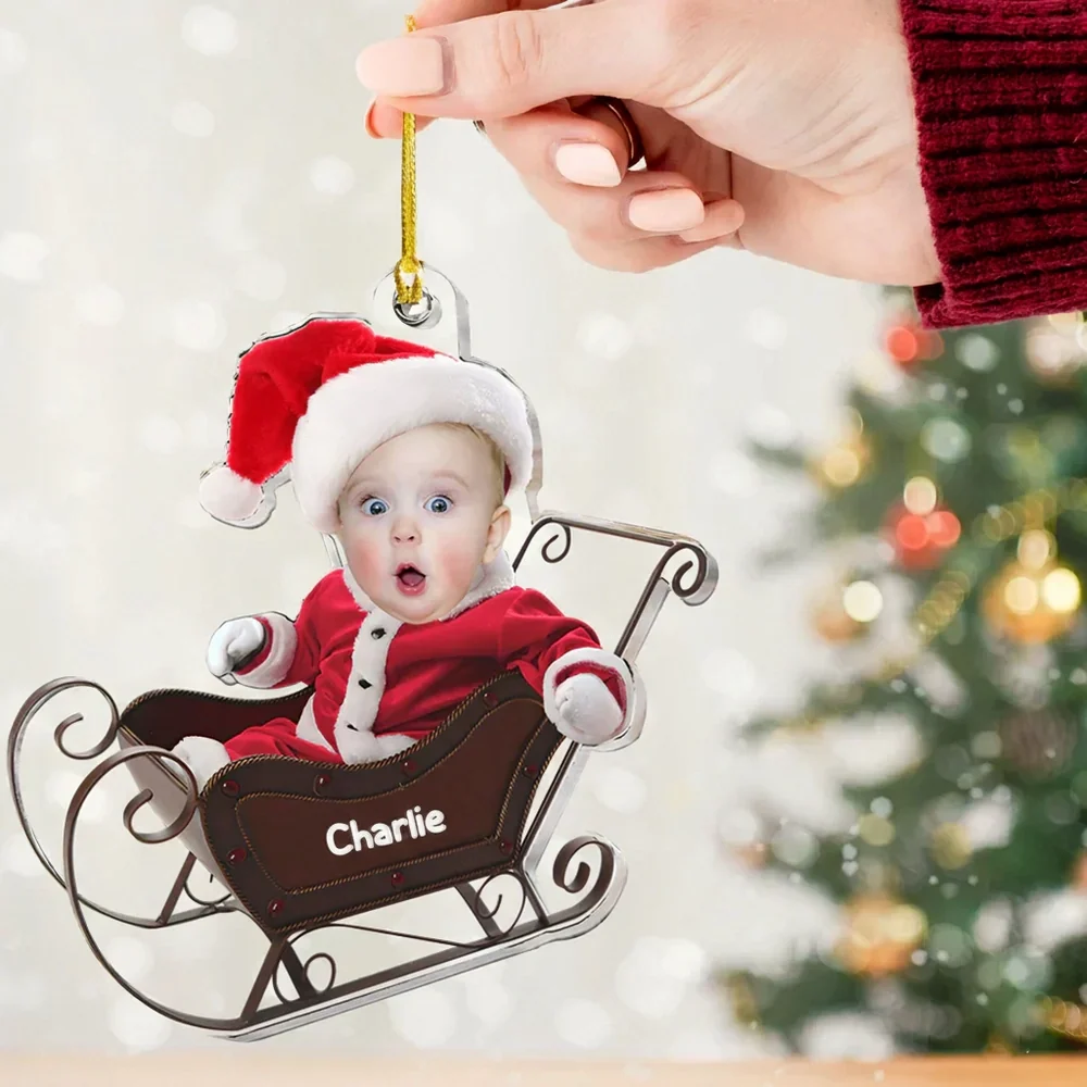 Acrylic Ornament Custom Photo Santa Baby in Sleigh for Christmas Tree, Keepsake, Unique Gift for Parents and Grandparents - Image 2