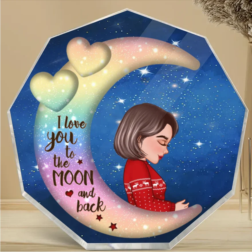 Grandma Mom Hugging GrandKid Kid On Heart Pattern Moon - Personalized Wooden Ornament - Gift For Granddaughter Grandson - Image 3