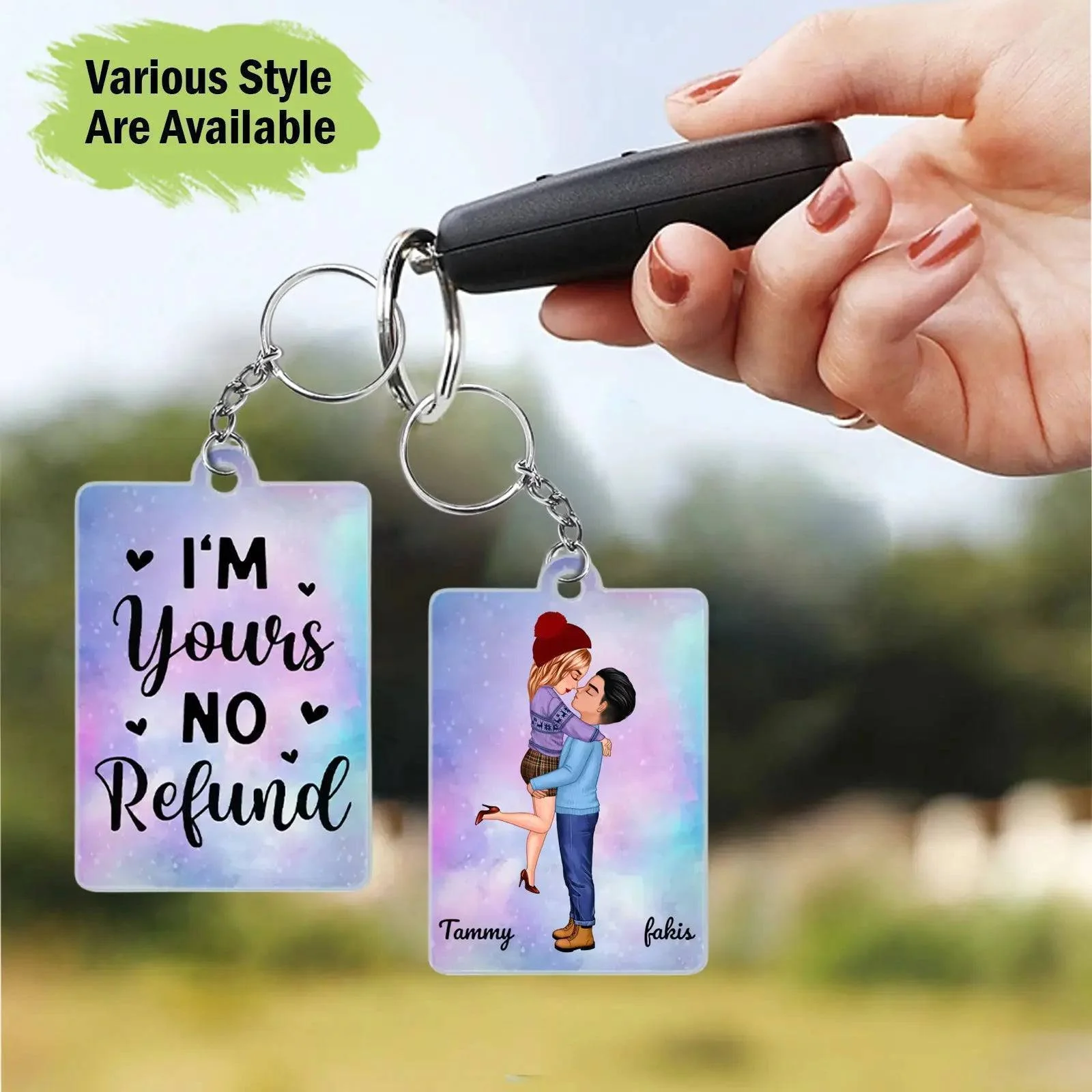 Cartoon Couple Kissing I'm Yours No Returns Or Refund - Personalized Acrylic Keychain - - Gift For Couple, Firefighter, Police, Nurse, Chef, Teacher, Flight, Military, Animal Control, Worker - Image 2