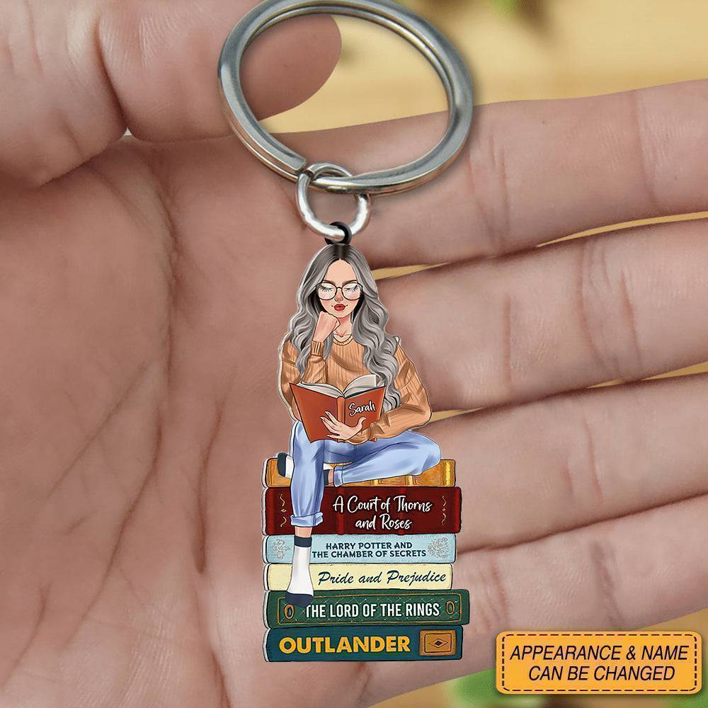 Verify - Bibliophile's Charm - 'Girl Reading Book' Personalized Acrylic Keychain with Custom Book Titles - A Reader's Delight - Image 2