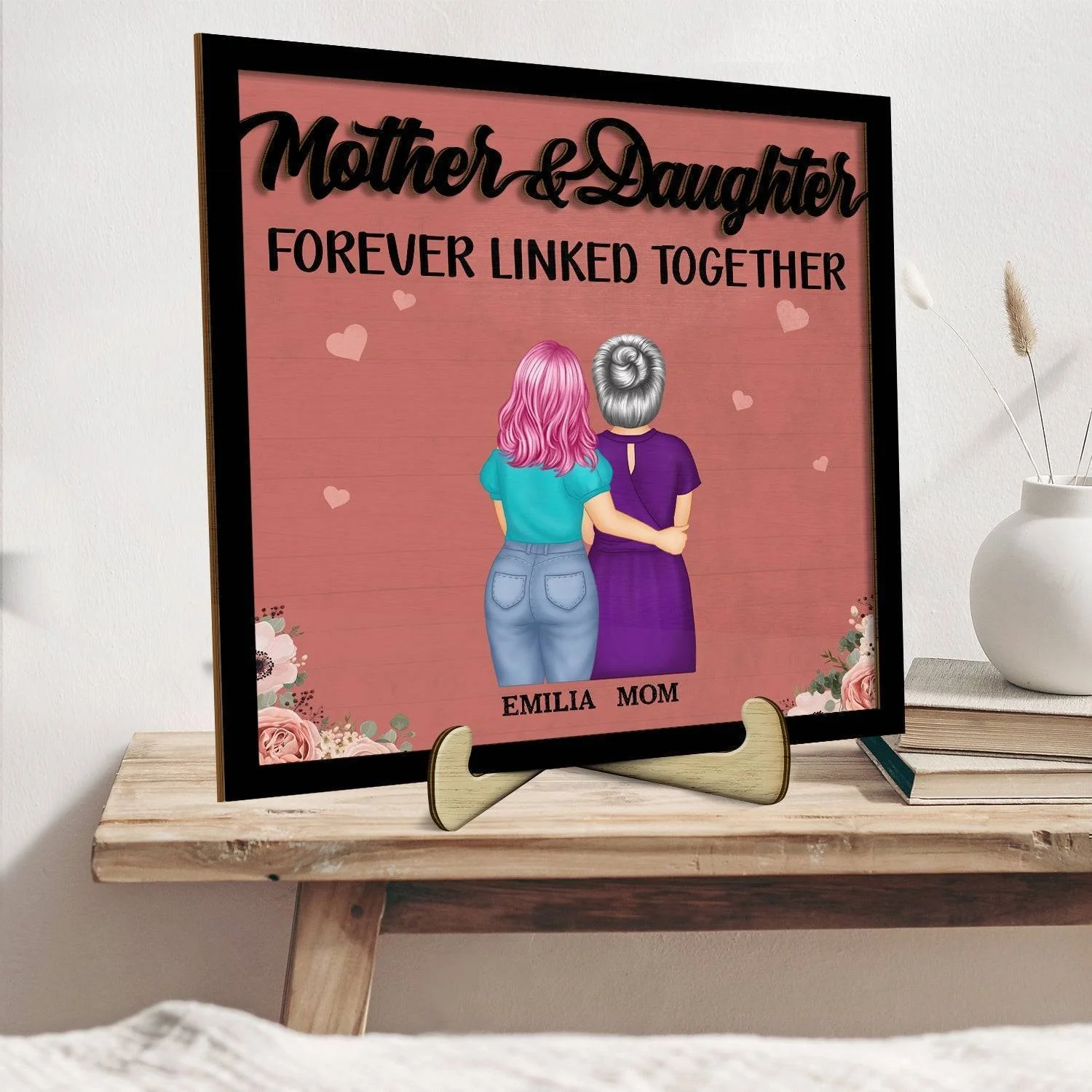 Eternal Maternal Bond - 'Mother and Daughters Forever Linked' Personalized Wooden Plaque with Stand - Ideal Gift for Mom & Grandma on Mother's Day - Image 2