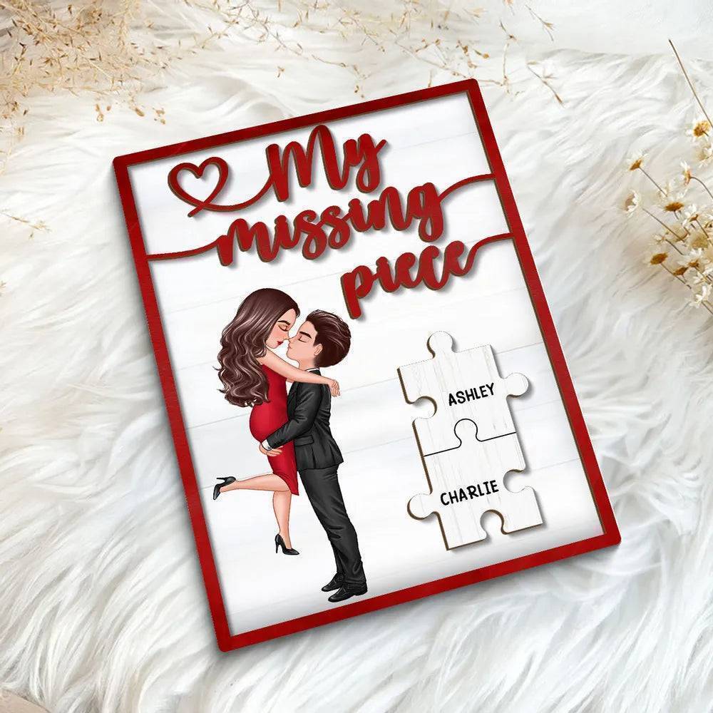 Embrace of Love - 'My Missing Piece' Personalized 2-Layer Wooden Plaque with Hugging & Kissing Couple - Ideal Valentine's & Anniversary Gift for Him & Her - Image 5