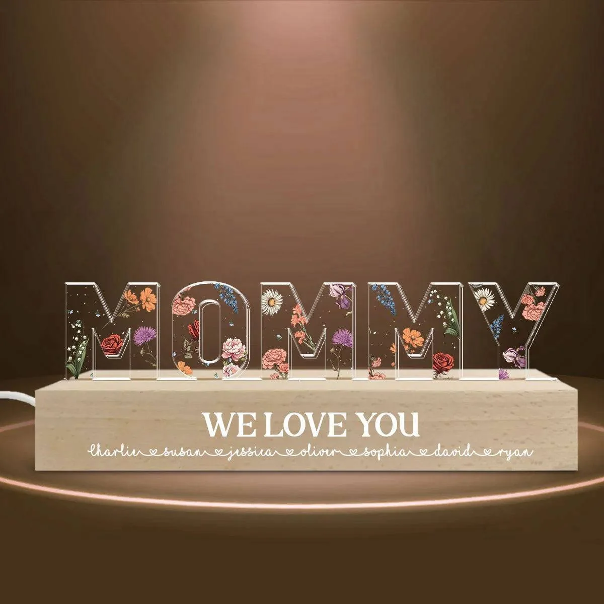 Personalized Block LED Light Plaque with Floral MOMMY Design and Warm Glow for Bedroom or Desk, Unique Gift for Mom - Image 7