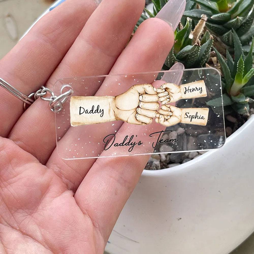 “Daddy's Dream Team” - Personalized Fist Bump Acrylic Or Wooden Keychain- Ideal Father's Day Gift - Image 5