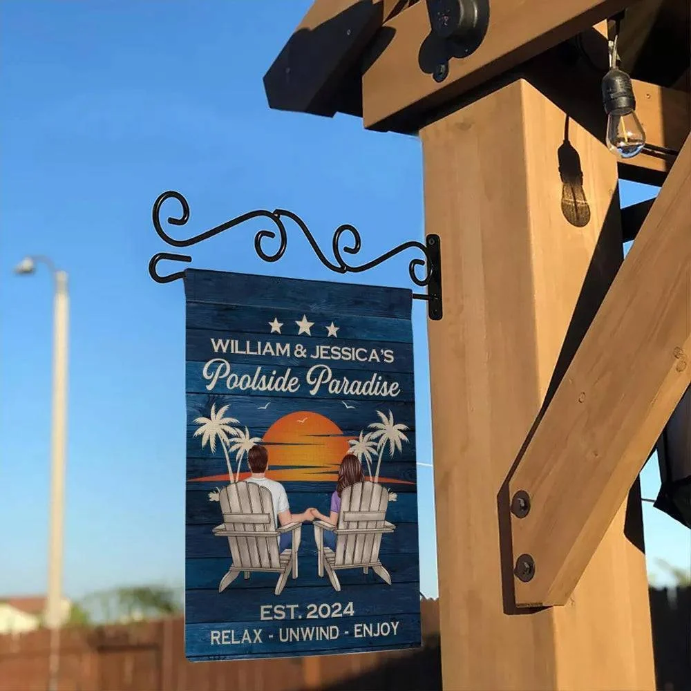 Relaxing Poolside Paradise Decor with Optional Flag Background Couple Sitting Personalized Sign, Flag, Vase - Perfect for Garden, Housewarming, Birthday, Anniversary Gift for Him, Her - Image 13