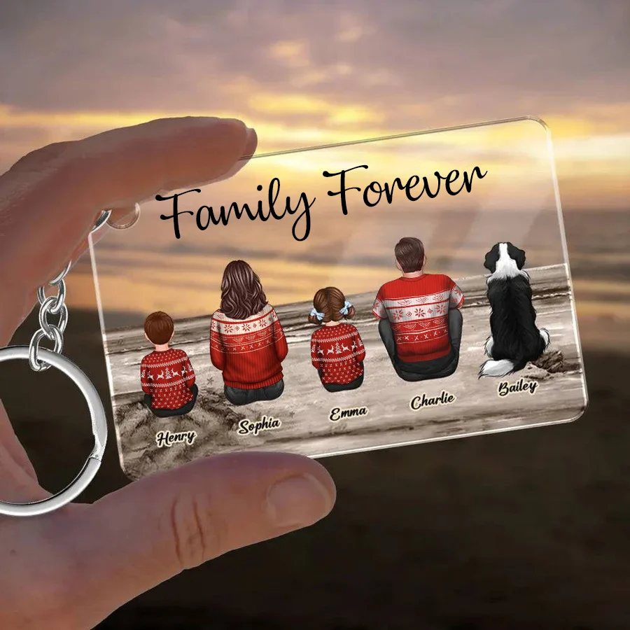 Beach Landscape Family Sitting Back View - Personalized Keychain or Poster or Plaque or Car Hanger or Pillow or Wallet or Wallet Card or Cap or Cup- Ideal Gift for Loved Ones
