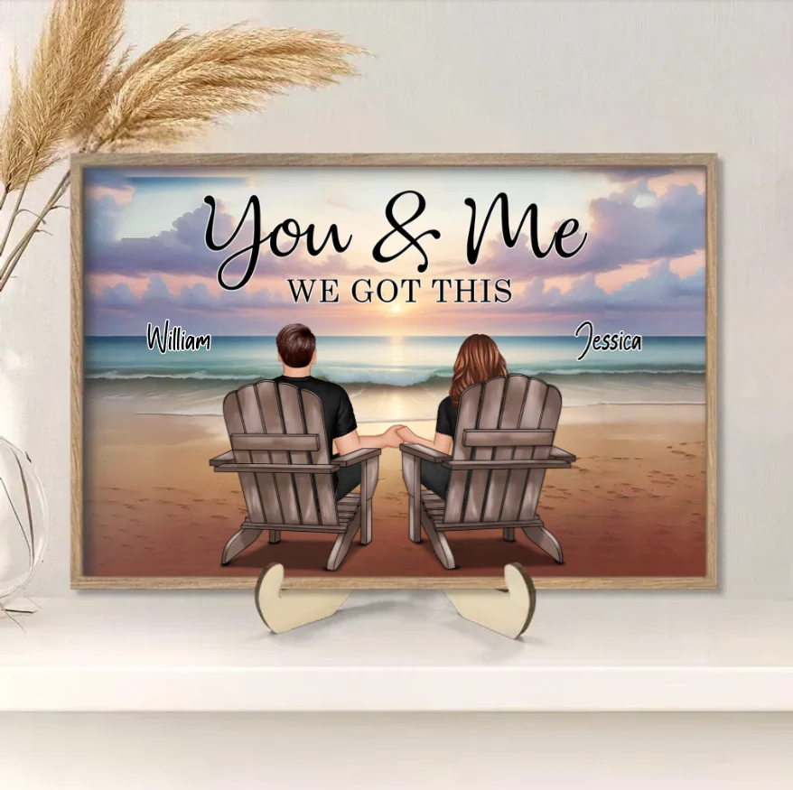 Couple Sitting Realistic Beach Landscape - Personalized Poster, Keychain, Plaque, Ornament and Pillow, Unique Gift - Image 2