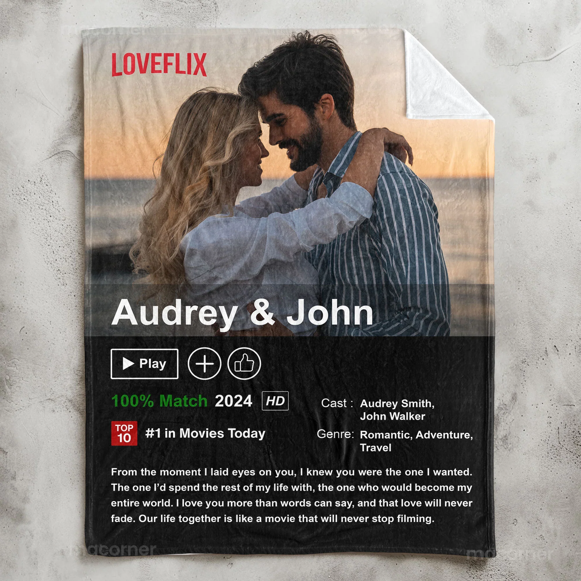 Personalized Loveflix Poster, Blanket, Plaque - Romantic Gift for Couples - Celebrate Your Romance Like a Blockbuster Movie - Image 3