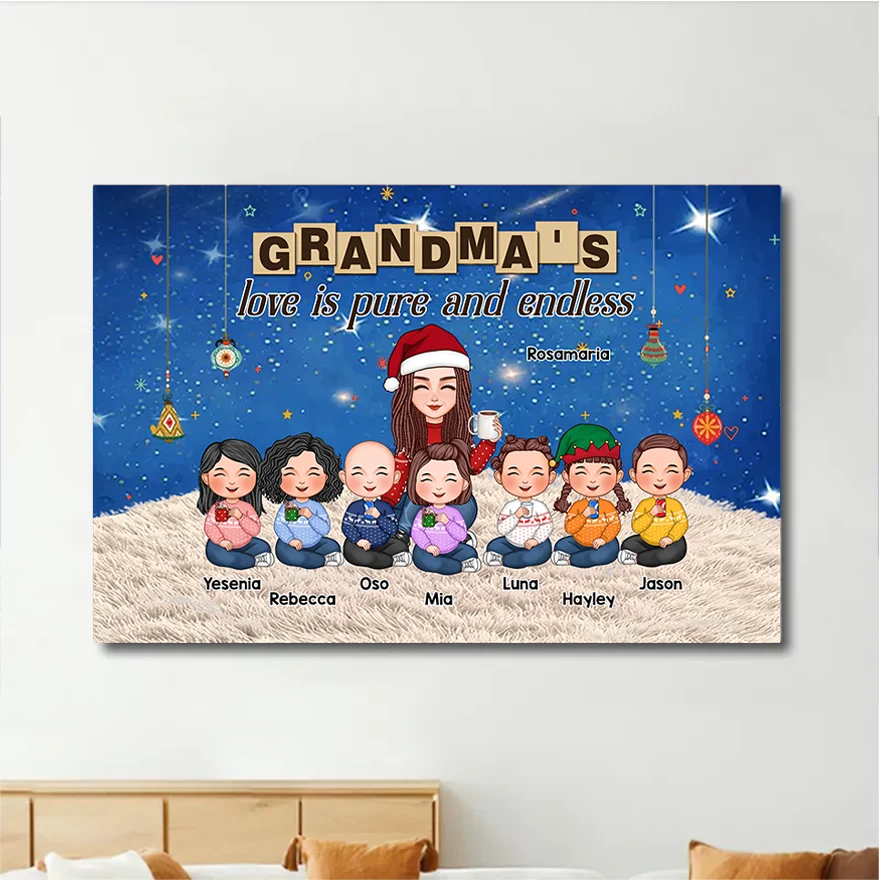 Grandma & Grandkid Sitting On Heart Pattern Moon - Personalized Poster or Canvas or Ornament or Plaque or Keychain