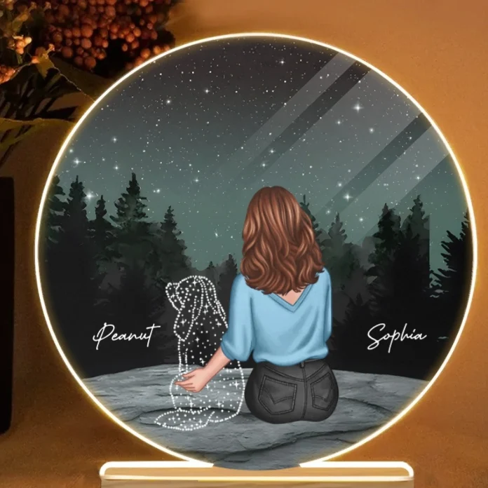 Personalized Ornament, Plaque, Keychain, Pillow, Sign, Lamp - Custom Memorial Gift for Pet Lovers - Starry Night with Dog and Owner - Image 8