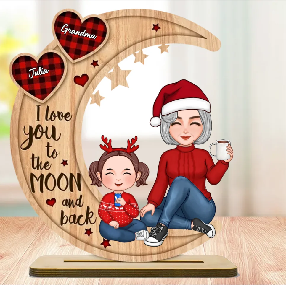 Grandma & Grandkid Sitting On Heart Pattern Moon - Personalized Ornament or Keychain or Plaque - Image 5