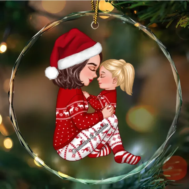 Christmas Tree Personalized Lantern Ornament - Grandma Mom Hugging Kissing Kids - Image 3