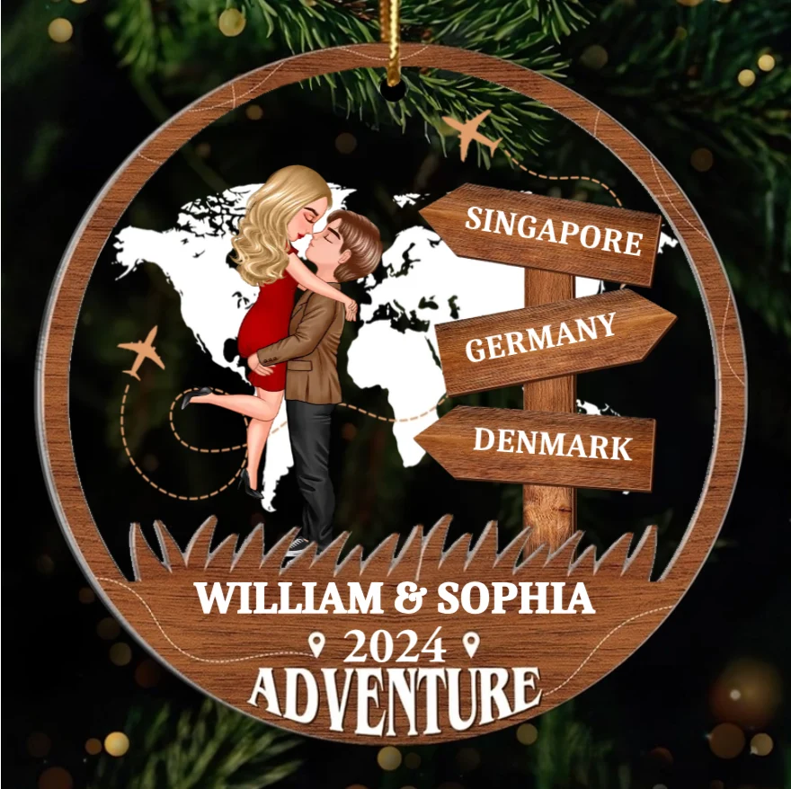 Adventure Kissing Couple Personalized 2-Layer Acrylic Ornament, Christmas Gift For Couple, Gift For Travelers - Image 4