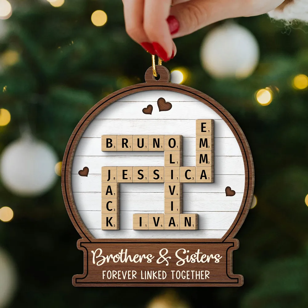 Snow Globe Brothers & Sisters Forever Linked Together Crossword Puzzle Art Personalized 2-Layer Wooden Ornament, Custom Scrabble Name Keepsake - Image 4