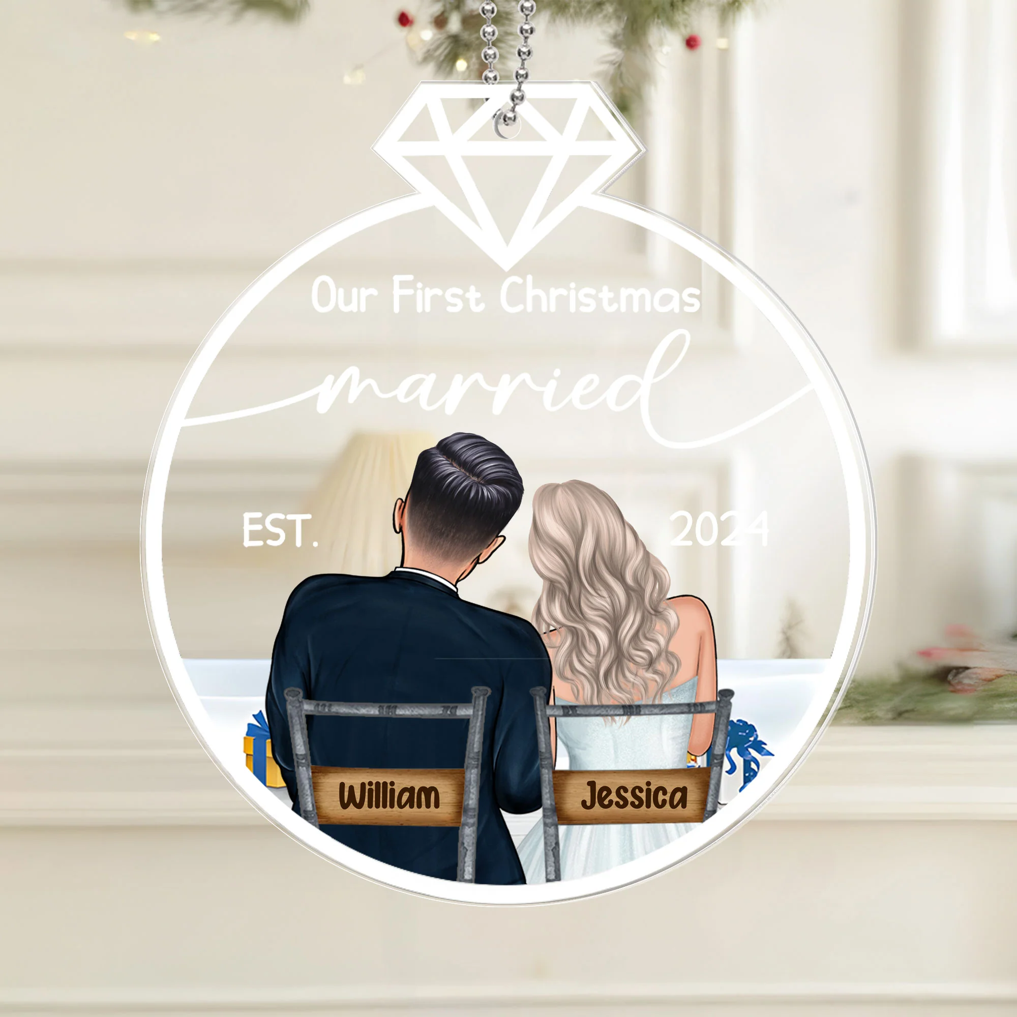 Our First Christmas Married Ornament – Personalized Acrylic Ornament with Romantic Couple Back Design - Image 2