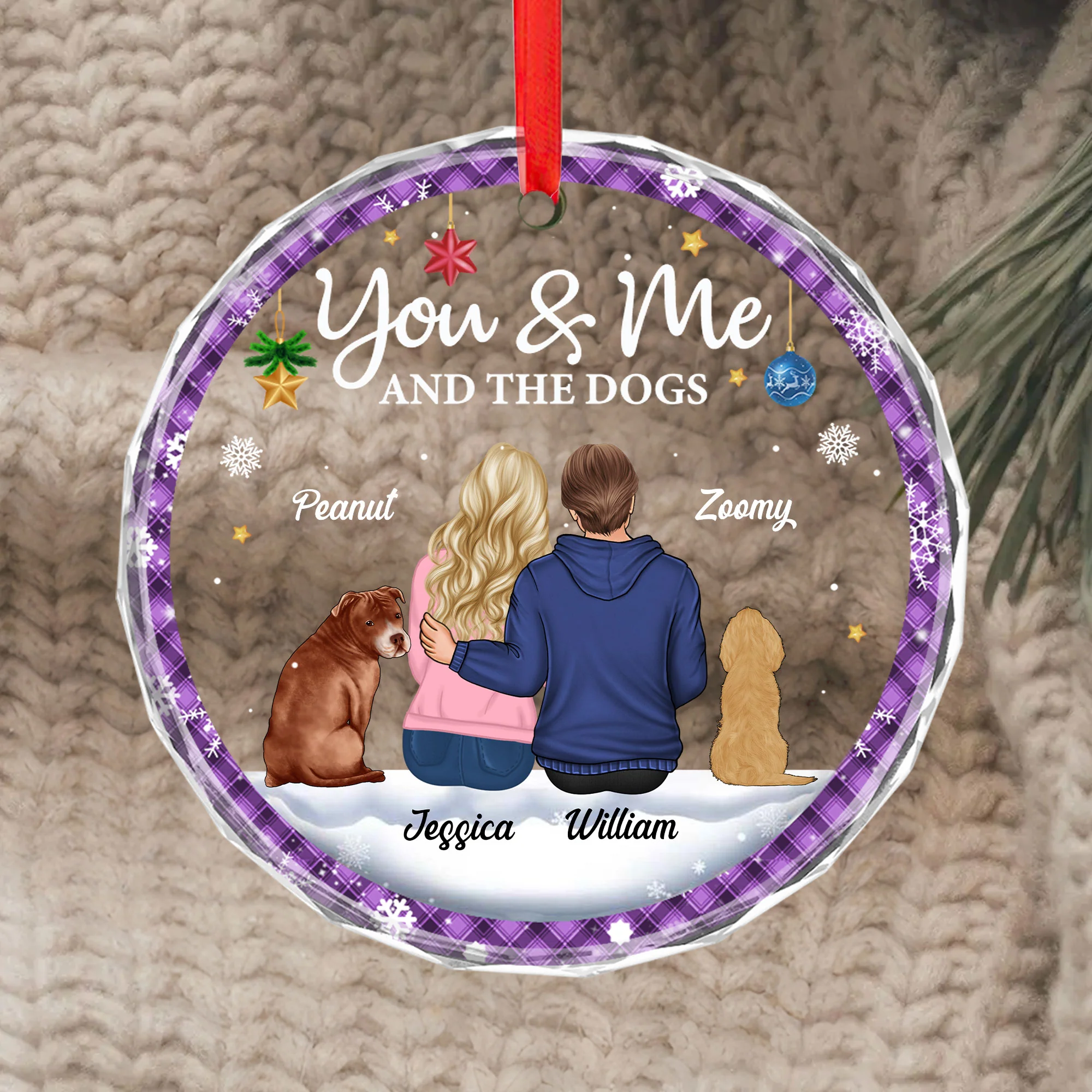 Personalized Christmas Ornament - "You & Me & The Dogs" Crystal Circle Design
