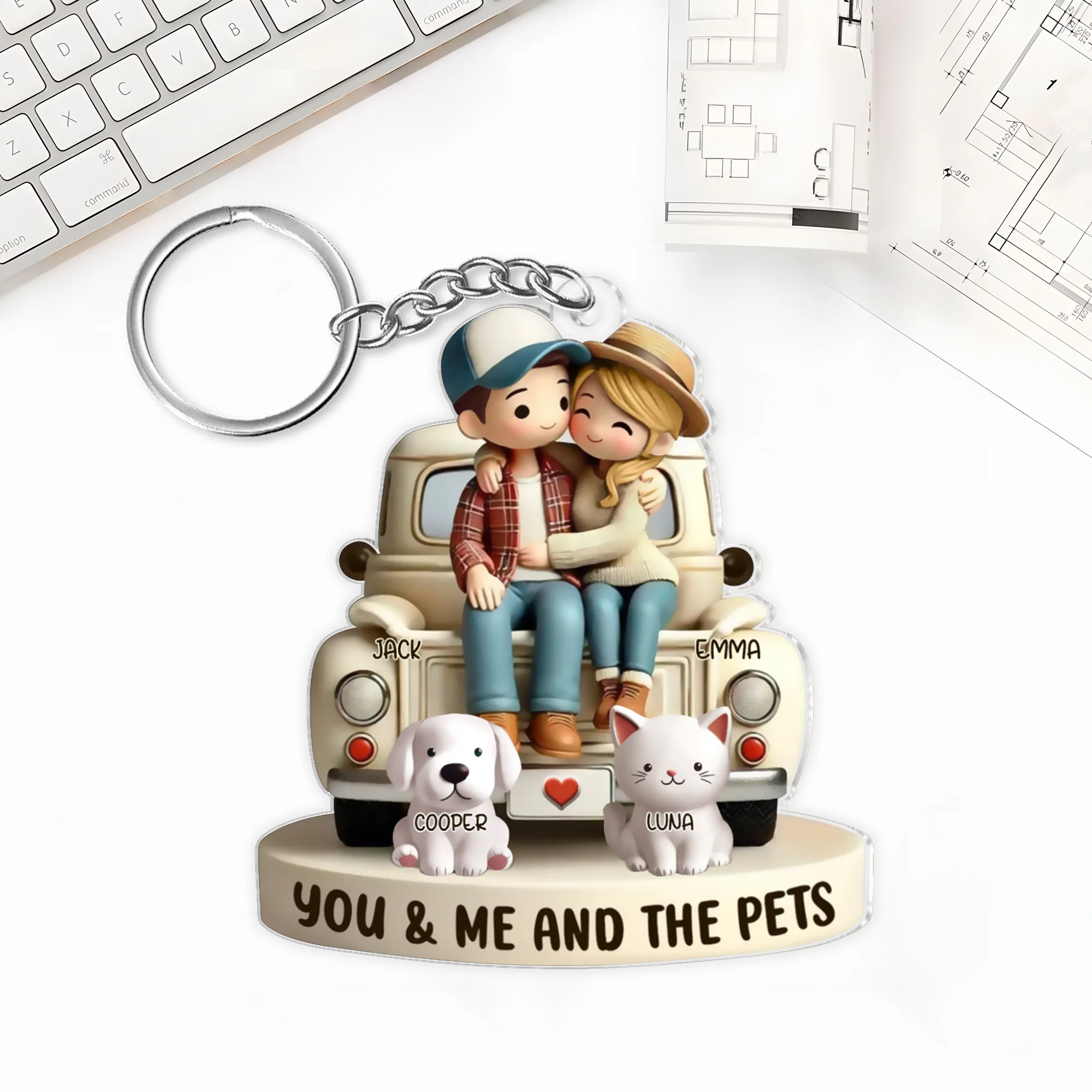 Couple and Pet Cartoon Acrylic Keychain – "You, Me, and the Pets" Personalized Gift - Image 2