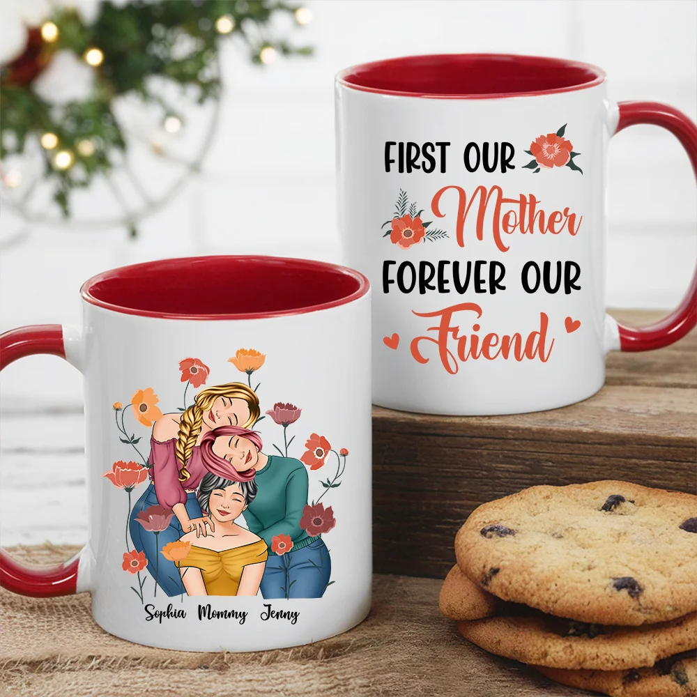 Personalized Gift for Mother or Daughter – Ceramic Mug Featuring Hugging Scene with 'First Our Mother, Forever Our Friend' - Image 5