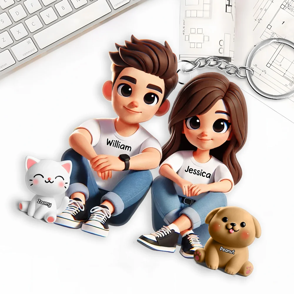 Personalized Acrylic Keychain – Cute Couple Cartoon Keychain with Names and Pet, Perfect Gift for Couples, Custom Love Keepsake for Family and Relationship Celebrations - Image 2
