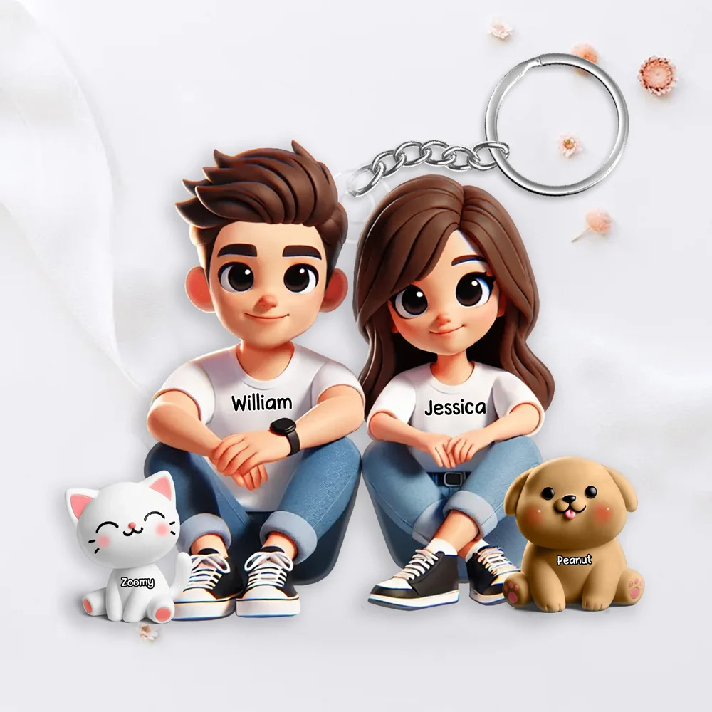 Personalized Acrylic Keychain – Cute Couple Cartoon Keychain with Names and Pet, Perfect Gift for Couples, Custom Love Keepsake for Family and Relationship Celebrations - Image 3