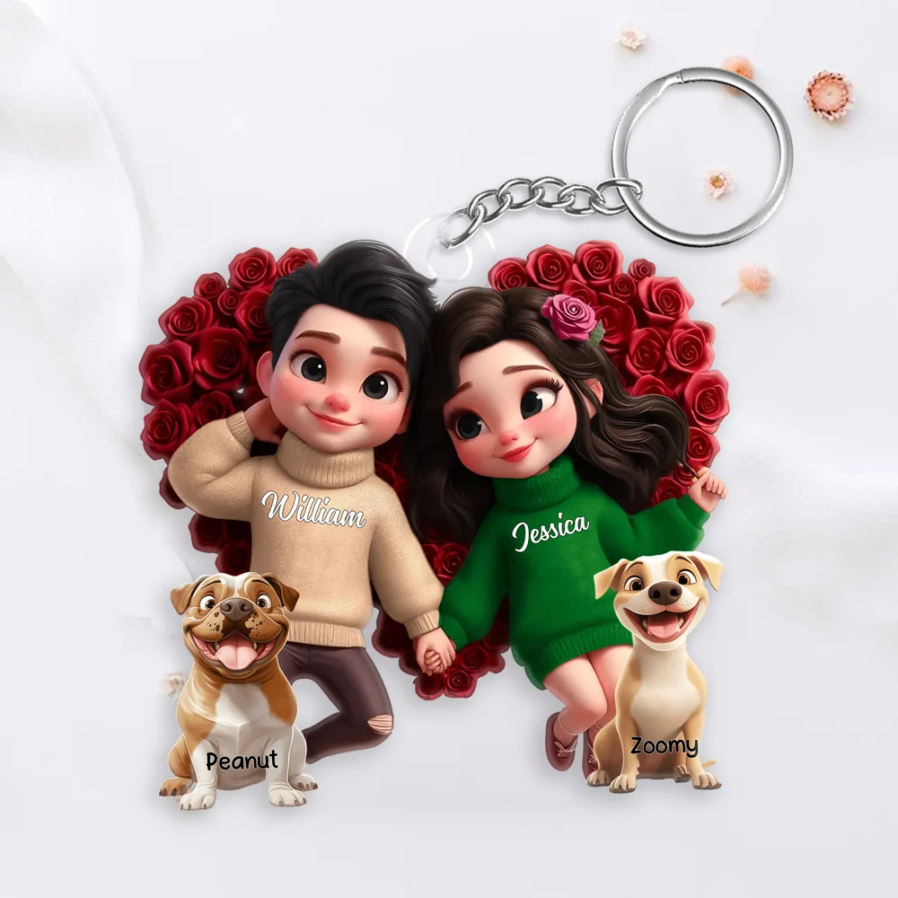 Personalized Acrylic Keychain – Cute Cartoon Couple with Their Dog, Holding Hands Surrounded by Roses, Custom Love Keepsake for Couples, Families or Dog Loves - Image 3