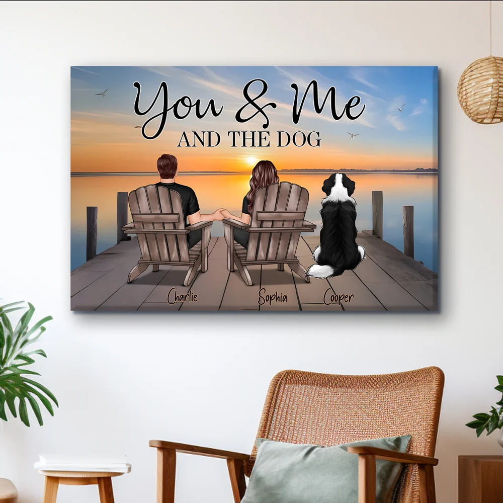 Couple with Pets on the Beach, Poster, Canvas, Keychain, Plaque, and Ornament, Perfect Gift for Her and Dog Loves
