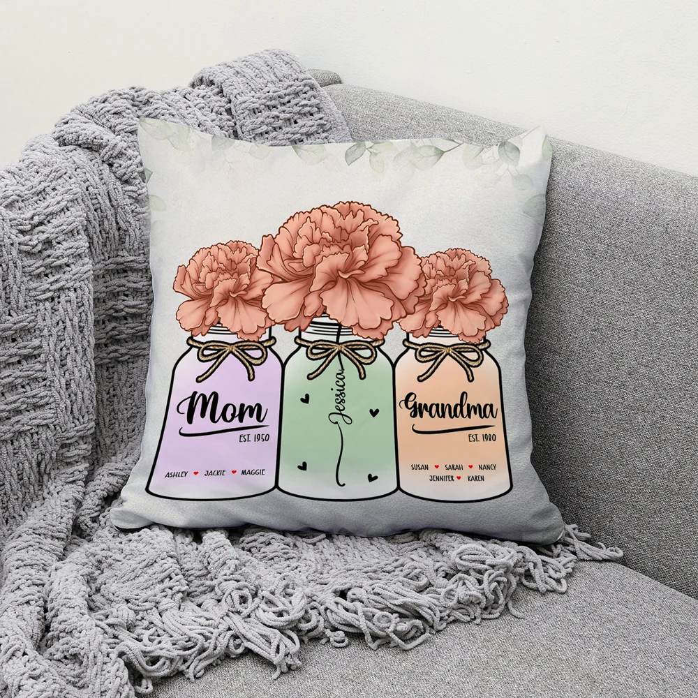 Personalized Family Square Pillow – Custom Name & Birth Flower Design for Mom & Grandma, Sentimental Home Decor, Cozy Cushion Gift - Image 3