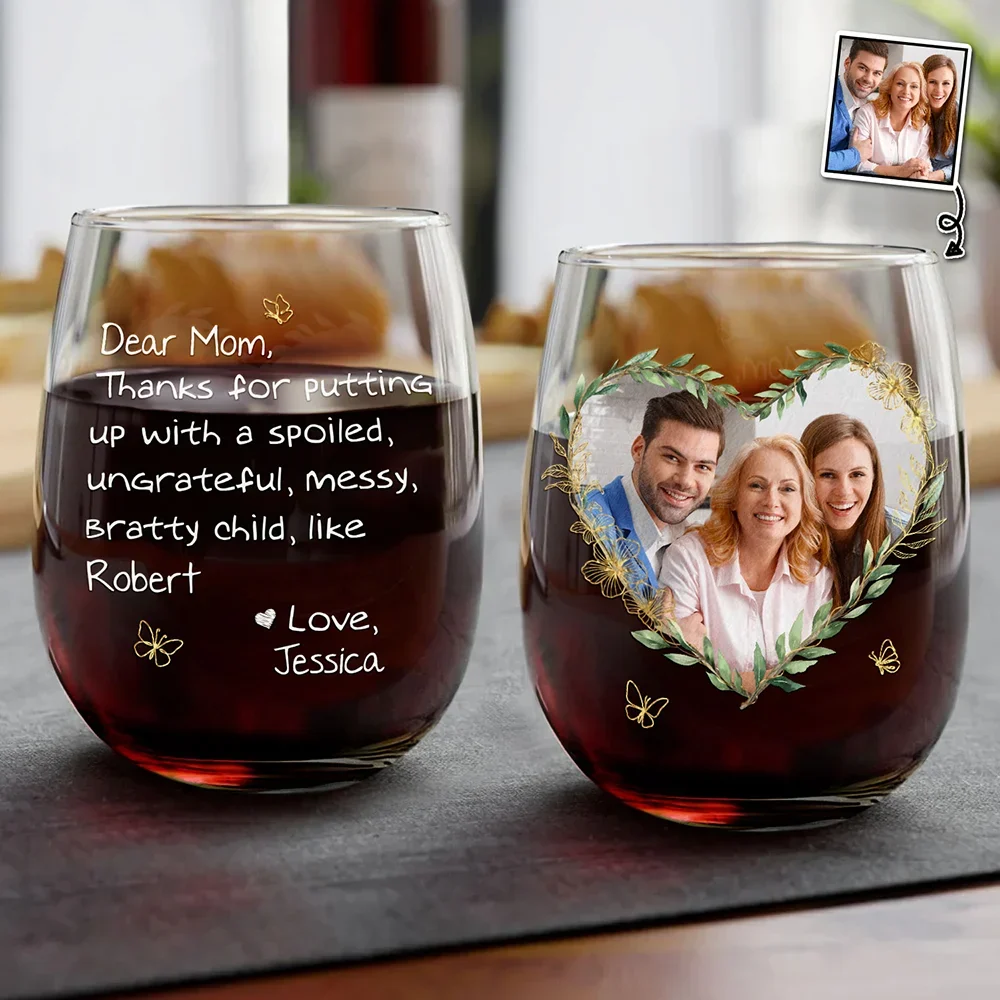 Dear Mom, Thanks for Putting Up with Me – Funny and Personalized Wine Glass with Heart-Shaped Photo, Customizable with Names, Perfect Gift for Mother’s Day or Family Celebration - Image 5