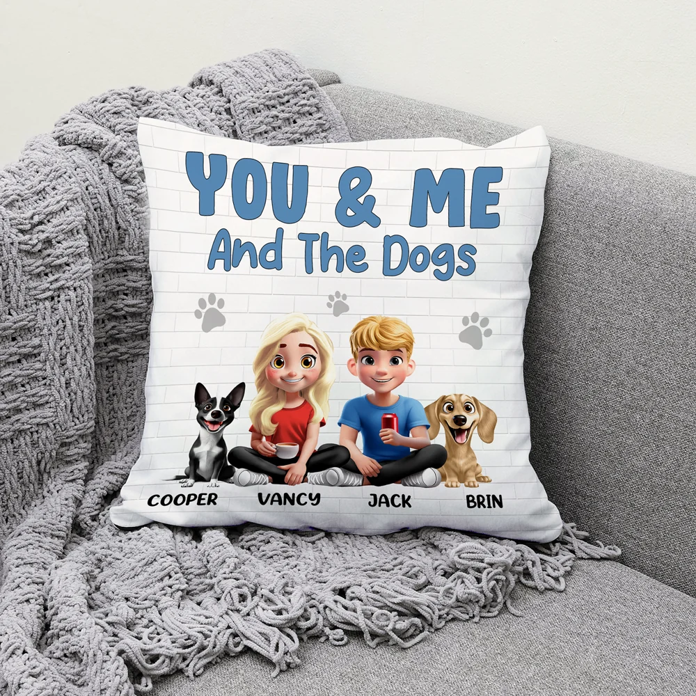 You & Me and the Dogs – Personalized Square Pillow for Families with Custom Pet and People Characters, Perfect Gift for Dog Lovers - Image 3