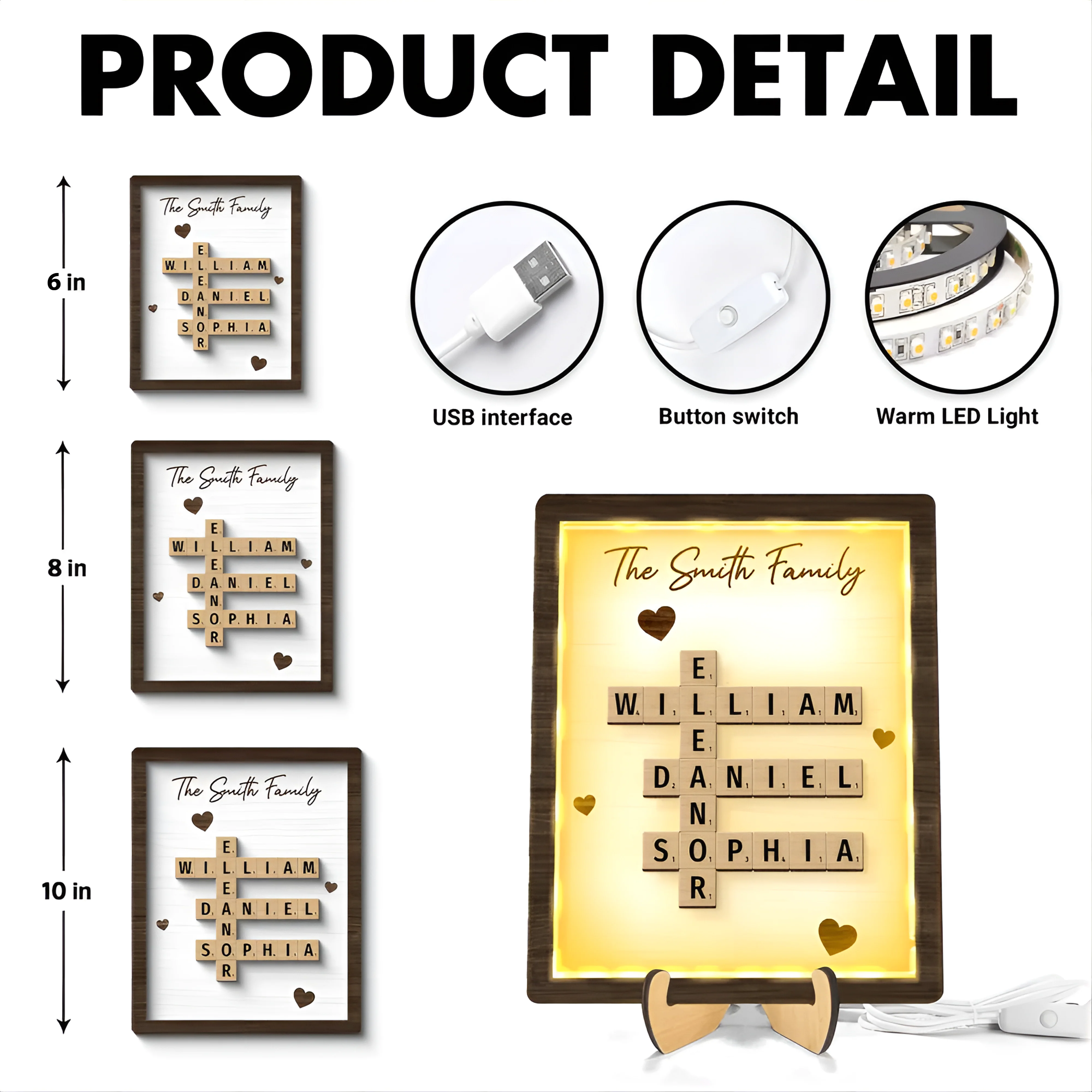 Personalized Family LED Plaque – 2-Layer Wooden Family Crossword Art – Deal Gift for Families - Image 9
