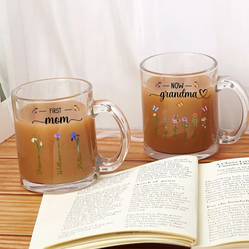 First Mom, Now Grandma – Personalized Glass Mug with Names and Flower Designs for Mom and Grandma, Custom Gift for Mother’s Day or Family Occasion - Image 2