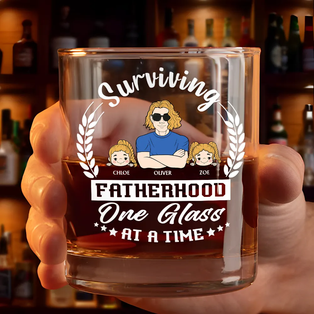 Funny Fatherhood Whiskey Glass with Family Names – Surviving Fatherhood One Glass at a Time, Ideal Father’s Day Gift - Image 2