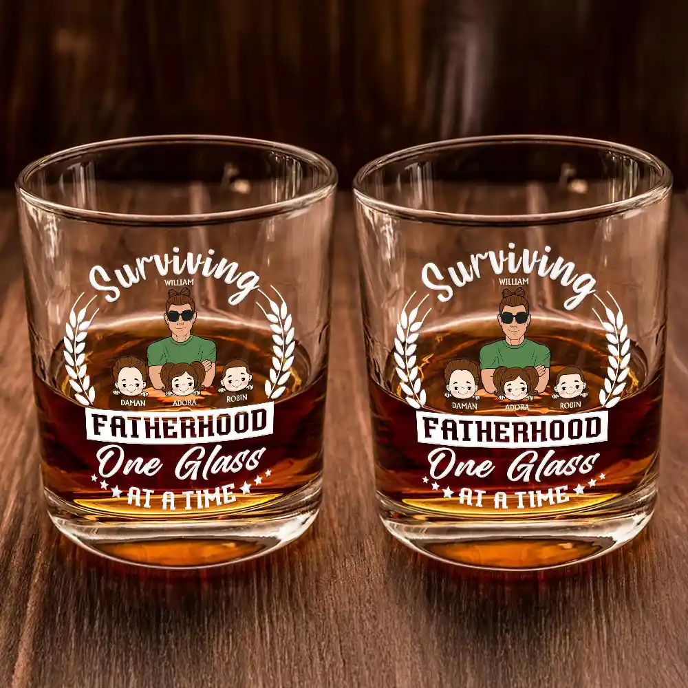 Funny Fatherhood Whiskey Glass with Family Names – Surviving Fatherhood One Glass at a Time, Ideal Father’s Day Gift - Image 5
