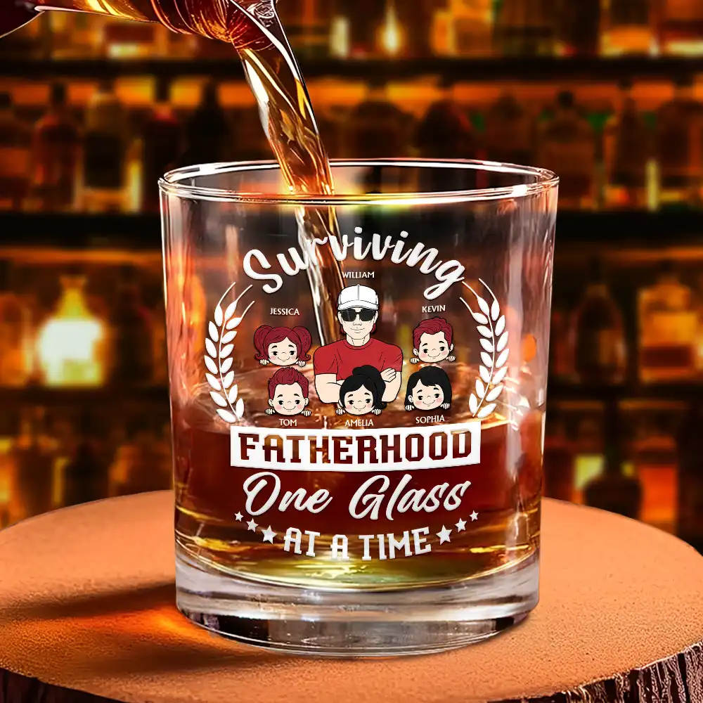 Funny Fatherhood Whiskey Glass with Family Names – Surviving Fatherhood One Glass at a Time, Ideal Father’s Day Gift - Image 7