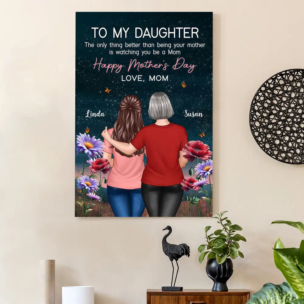 Custom Poster or Canvas for Daughter – Beautiful Mother and Daughter Hug with Floral Background, Ideal Gift for Mother’s Day