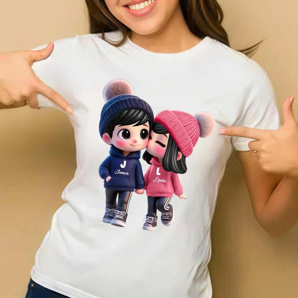 Personalized Couple Classic Tee – Cute Cartoon Couple Design, Custom Names, Perfect Gift for Couples - Image 5