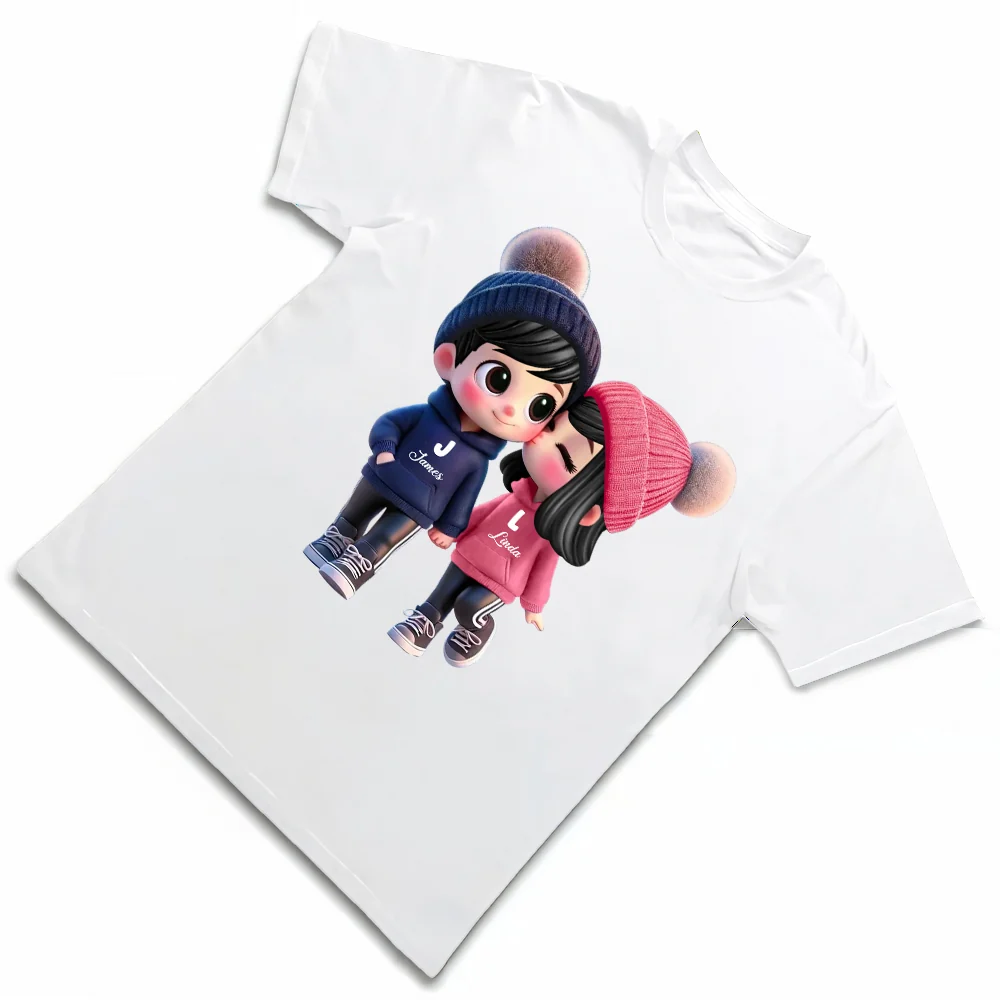 Personalized Couple Classic Tee – Cute Cartoon Couple Design, Custom Names, Perfect Gift for Couples - Image 3