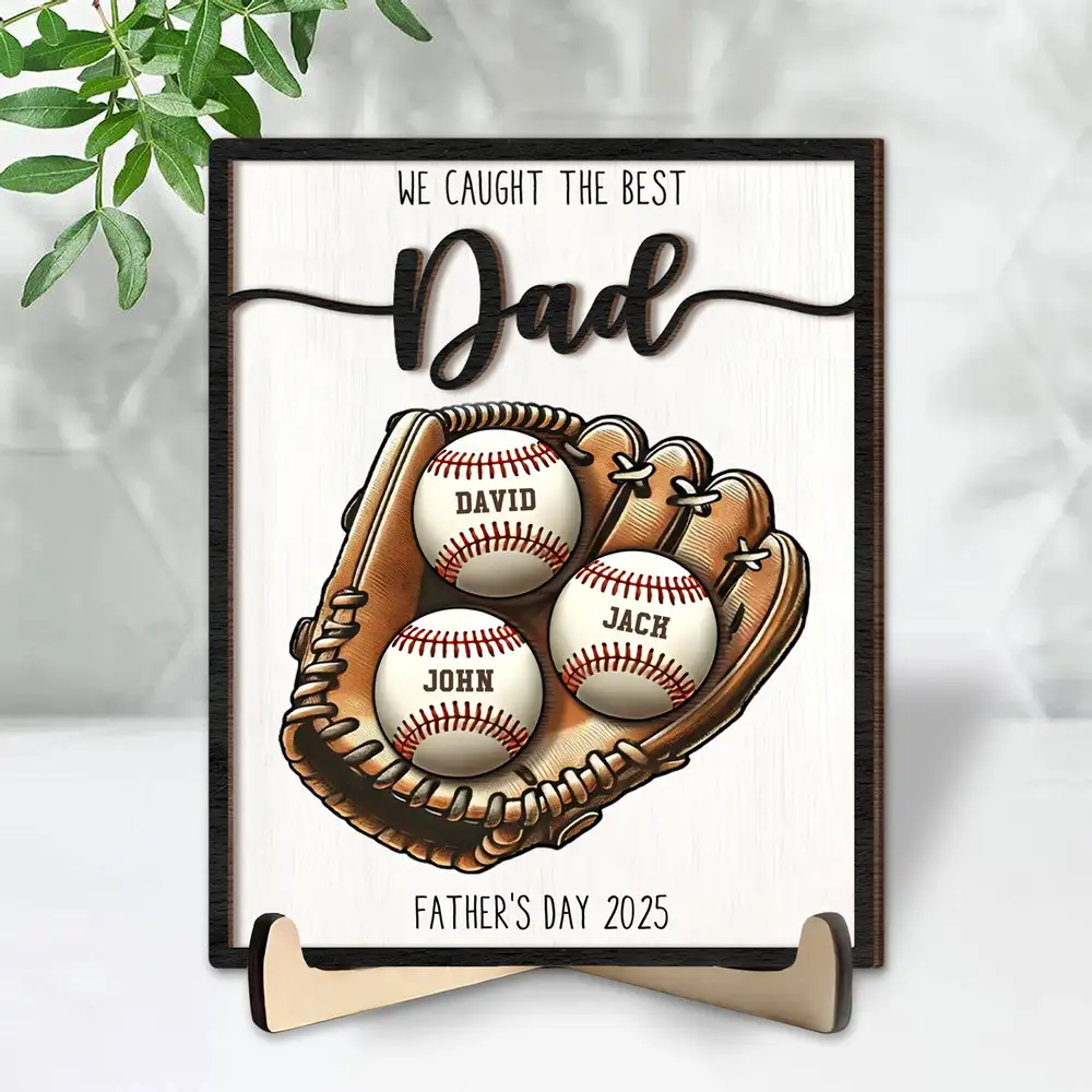 Custom Baseball, Softball  Glove & Kids Name 2-Layer Wooden Plaque - Unique Father’s Day Gift for Dad