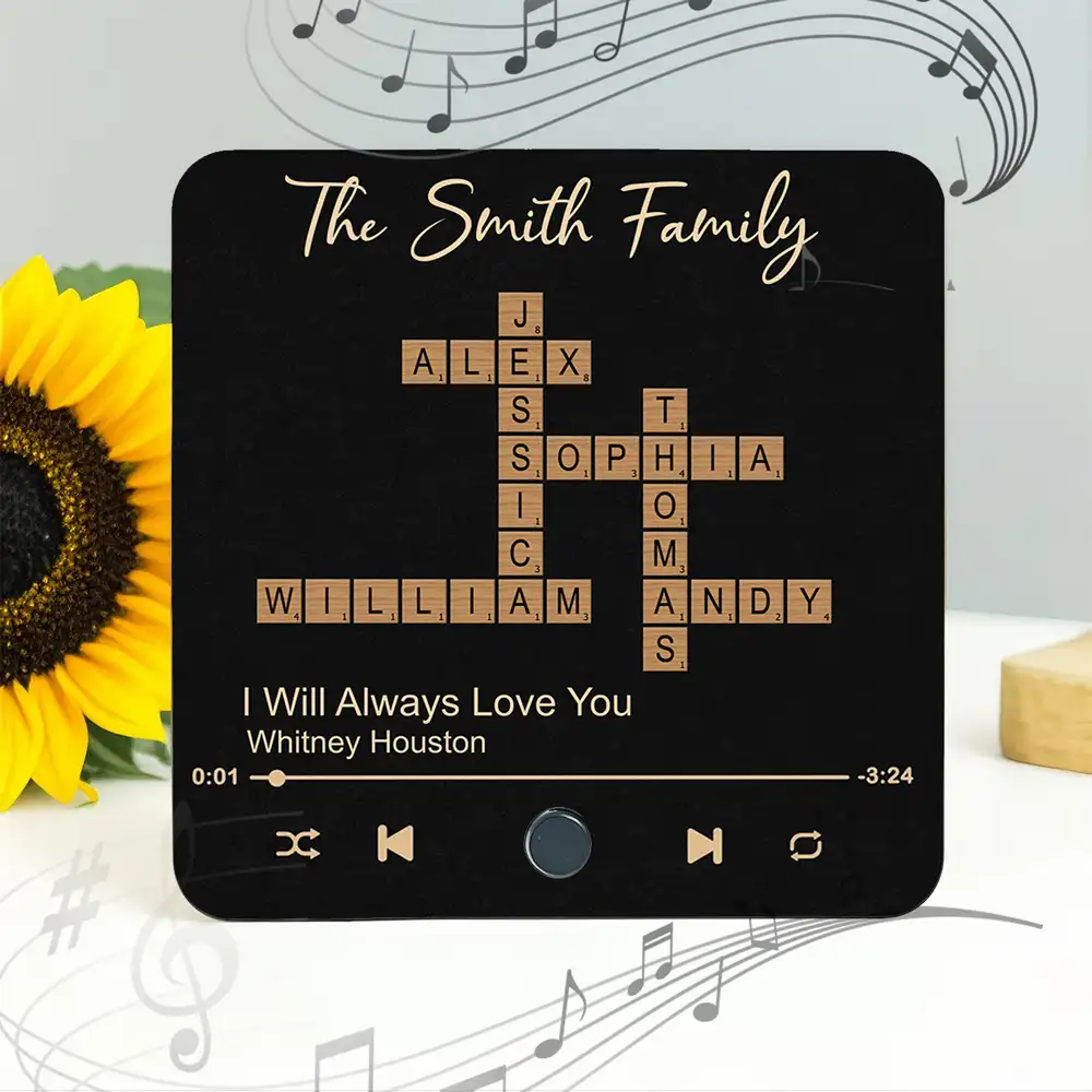 Personalized Crossword Acrylic Music Magnet – Family Names & Favorite Song, Touch-Play Gift for Every Household
