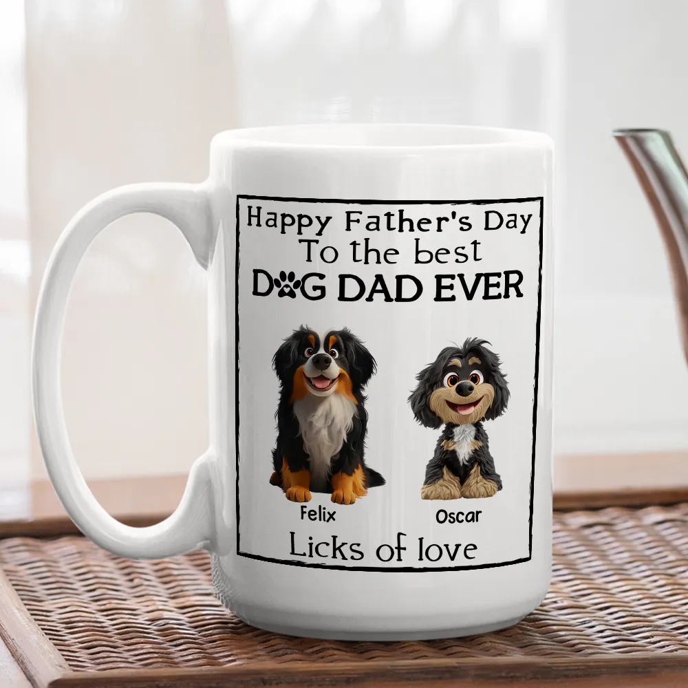 Happy Father’s Day Mug – Cartoon Dogs Sitting Together with Licks of Love – Personalized Gift for Dog Dads - Image 9