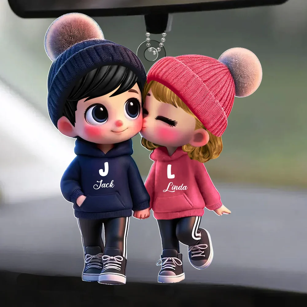 Personalized Acrylic Car Hanger for Couples – Cute Cartoon Design with Custom Names - Image 2