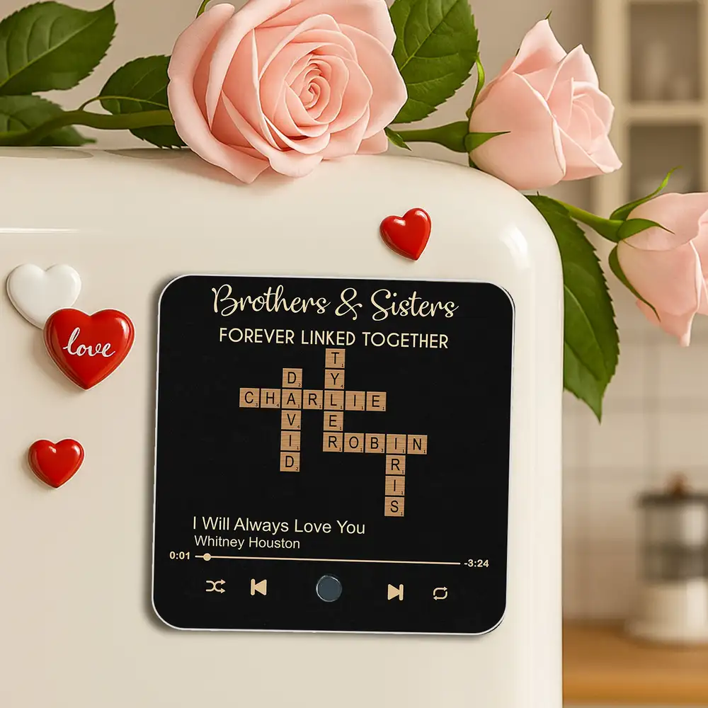 “Brothers & Sisters – Forever Linked” Acrylic Music Magnet – Crossword Names, Custom Song, Gift for Siblings - Image 2