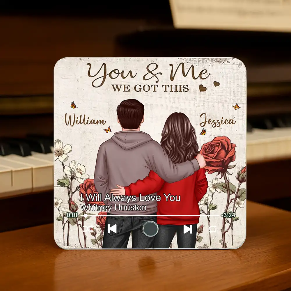 “You & Me – We Got This” Rustic Flower Music Magnet – Embracing Couple, Personalized Anniversary Keepsake - Image 2