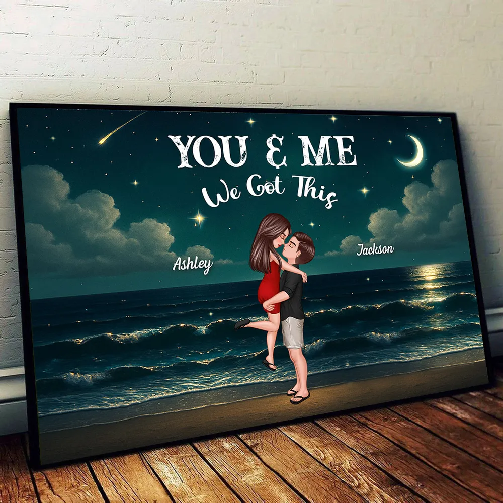 Personalized Night-Sky Canvas – “You & Me” Quote, Cartoon Hug on Waves, Anniversary Gift - Image 3