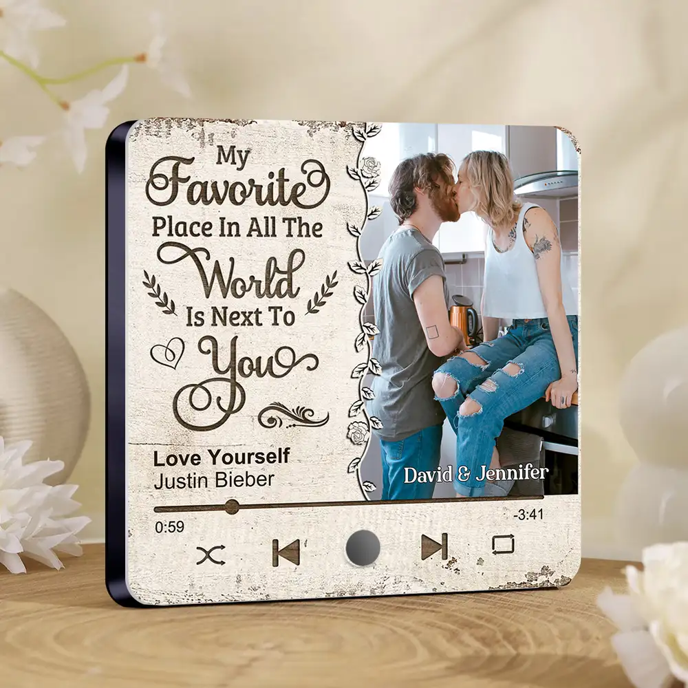"My Favorite Place Is Next To You" Music Fridge Magnet with Couple Photo – Gift For Him, For Her