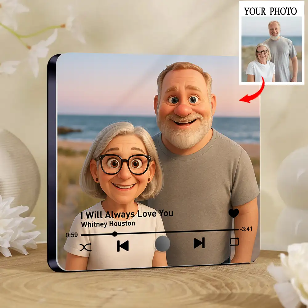 "Pixar-Style Couple Acrylic Music Magnet – Custom Photo & Song"