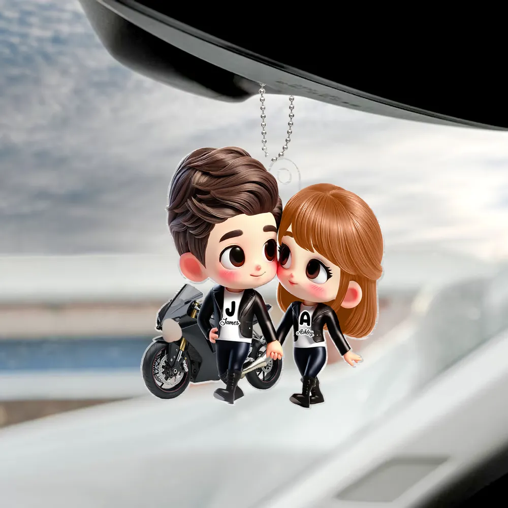 His & Her Initials Biker Couple Acrylic Car Hanger – Creative Gift for Lovers - Image 2