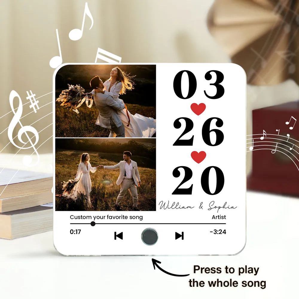 Custom Anniversary Music Magnet – Date, Names, and Photo with Favorite Song Display